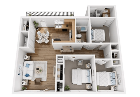 A top-down view of a modern apartment layout with a kitchen, living room, dining area, and bedrooms.